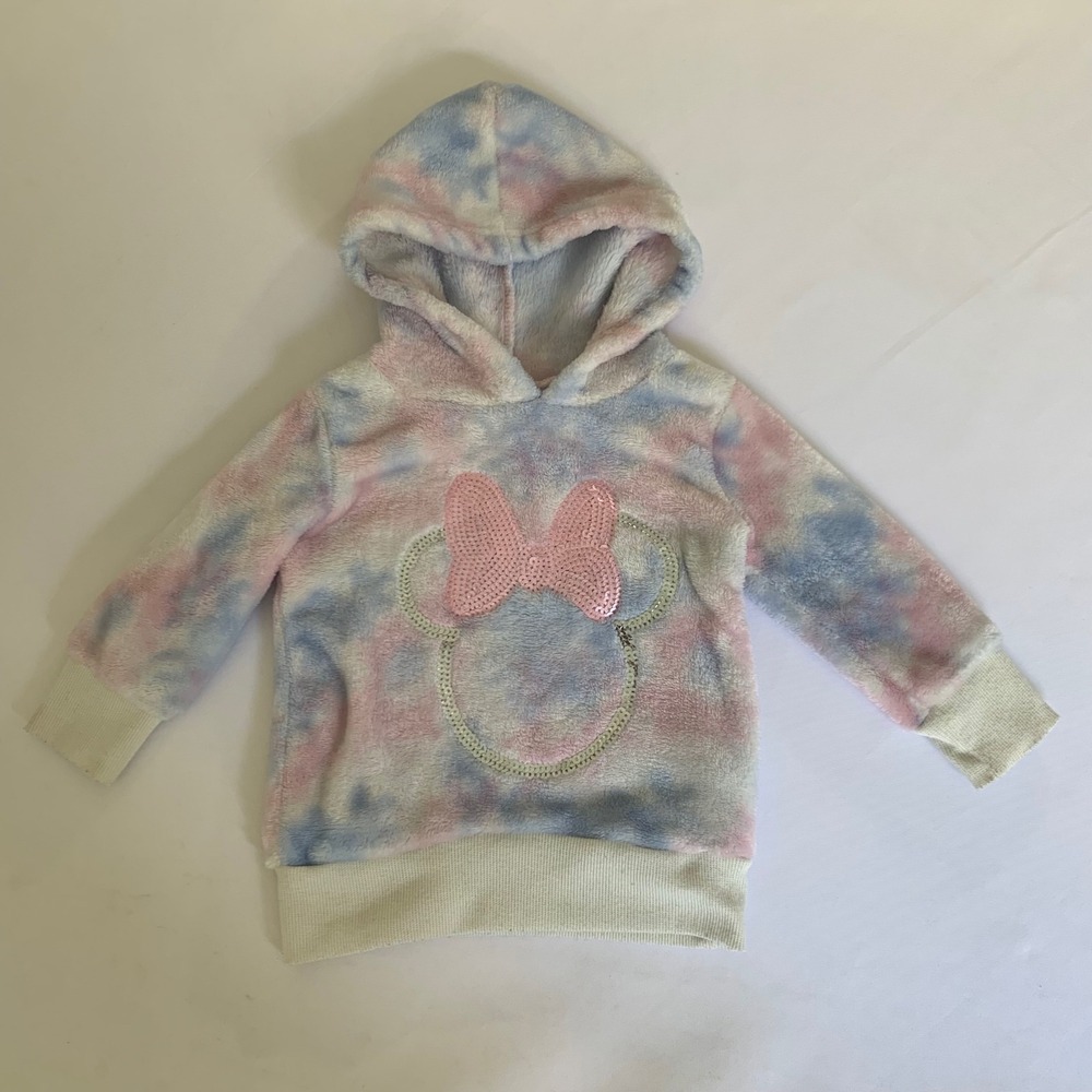 Disney Minnie Mouse Hoodie Girls 12M Pink Blue Tie Dye Sequin Faux Fur Fluffy